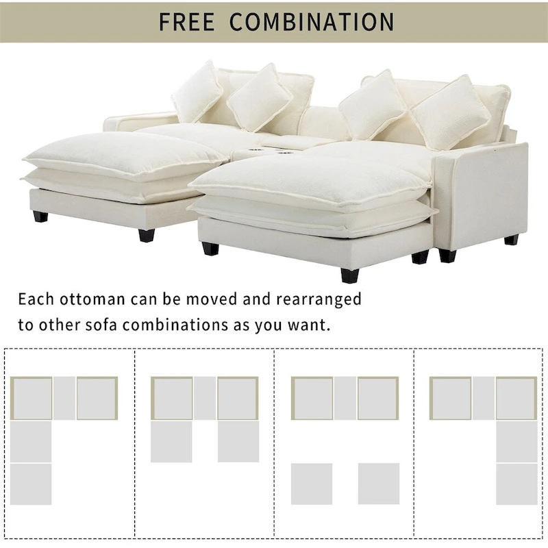 112.6 Chenille Upholstered Sectional Sofa with Two Removable Ottoman