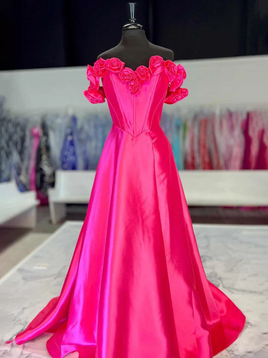 Fuchsia Off the Shoulder Corset Bodice A-Line Prom Dress