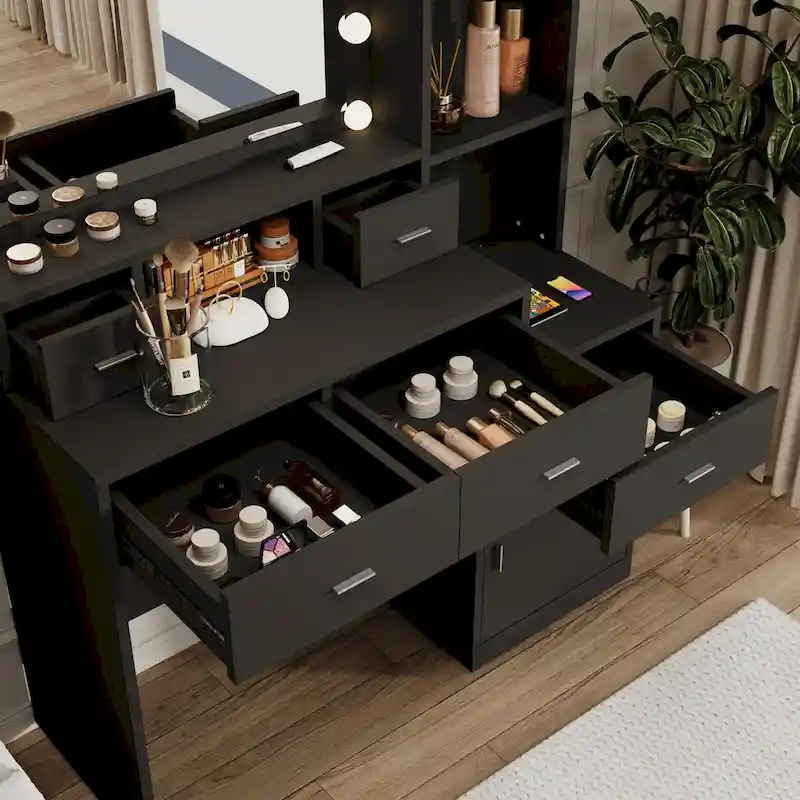 Black Lighted Vanity Desk, Single Person, with Drawers