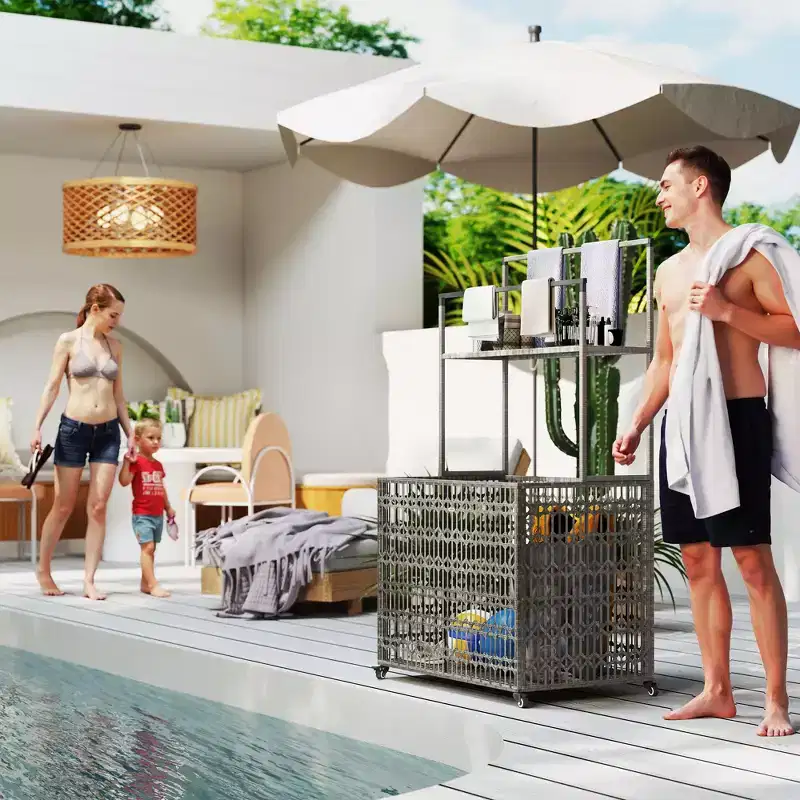 Wicker Pool Float Storage Organizer, PE Rattan Pool Float Holder with Basket Shelf Towel Bars,, Noodles, Life Vests, Beach Balls, Mixed-Gray