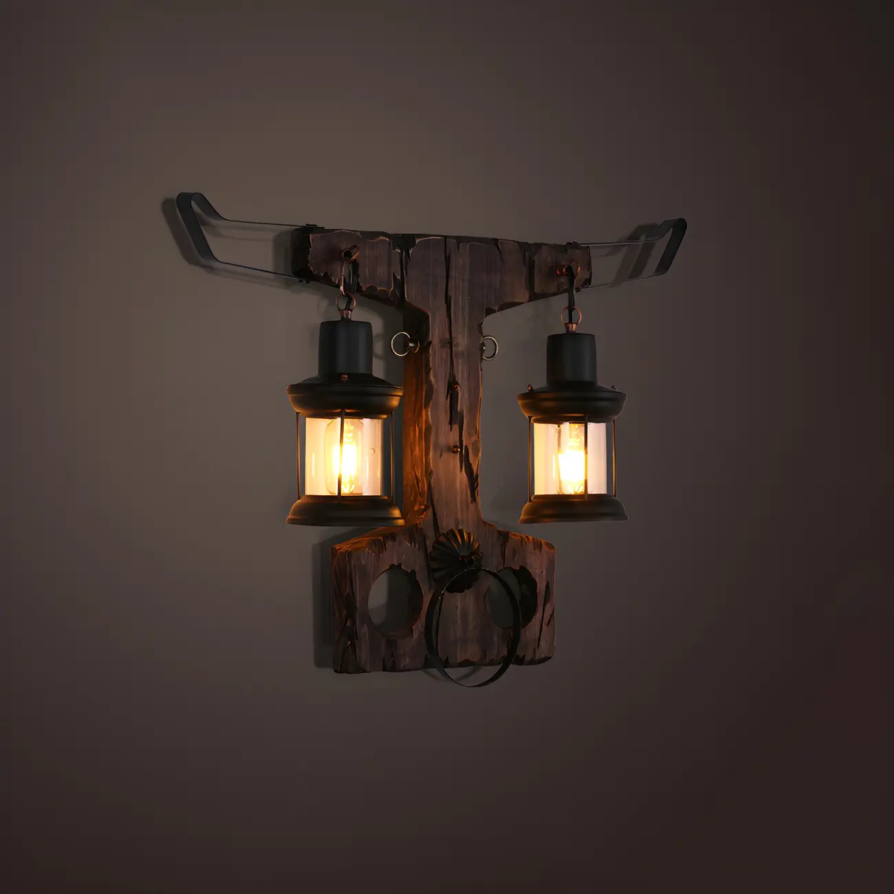 Industrial Distressed Wood Glass Black Wall Lantern Light