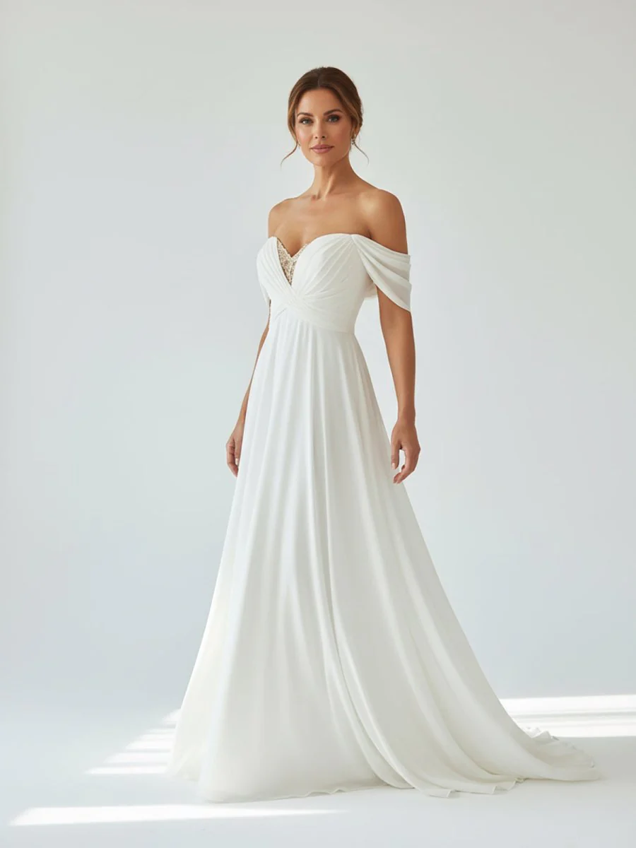 A-Line Chiffon Sleeveless Off-the-Shoulder Wedding Dress with Ruching Floor Length