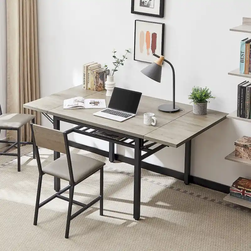 Modern Industrial 63.2  Extendable Dining Table w/Drop Leaf, Seats 6