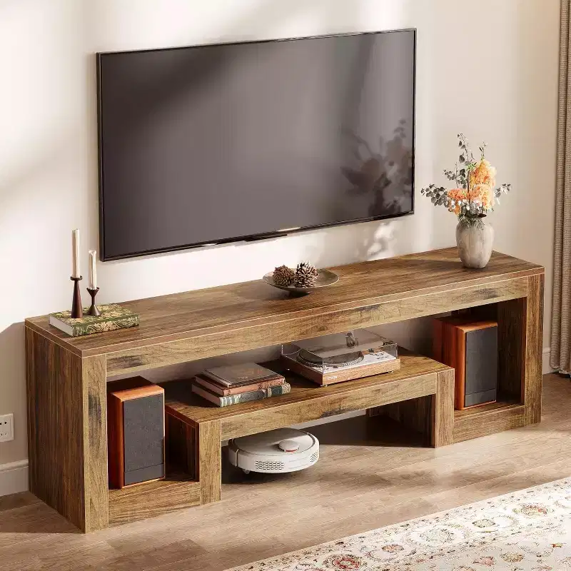 Lantine 63-Inch Farmhouse TV Stand, fits 55/60/65/75-Inch TVs, with open storage shelves, wood console for living room and bedroom.