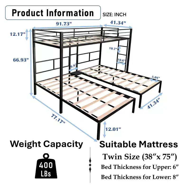 Bellemave Twin Over Twin Triple Bunk Beds for 3 Kids,Metal Triple Bunk Beds with Wood Slats and Table,Noise Reduced Structure,Black