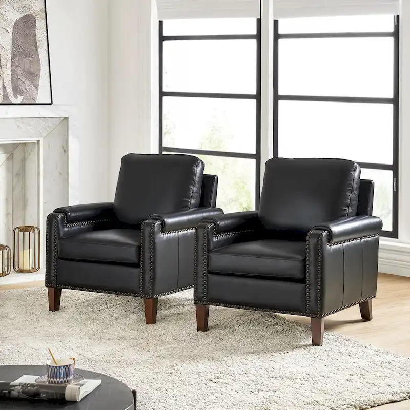Kunz Transitional Genuine Leather Armchair with Removable Cushion and Nailhead Trims Set of 2 by HULALA HOME