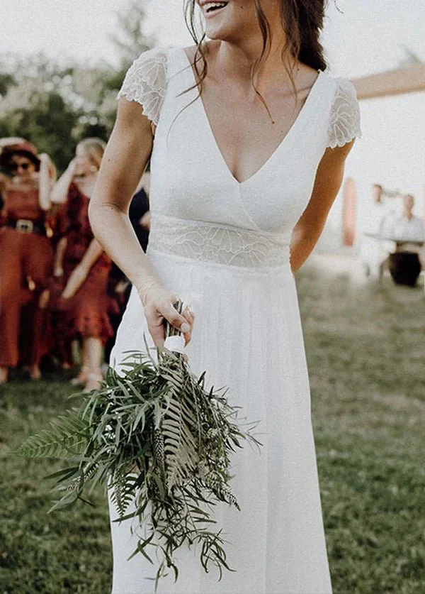 Chiffon V-Neck Short-Sleeve Wedding Dresses Cutout Back Bridal Gowns