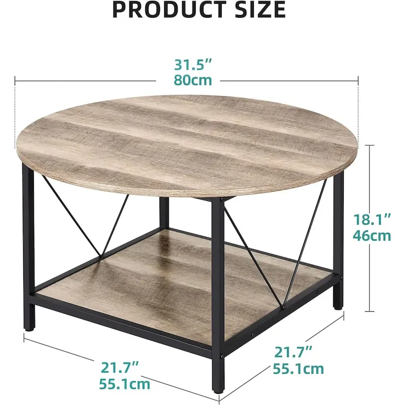 Moasis Industrial 2-Tier Round Coffee Table with Shelf
