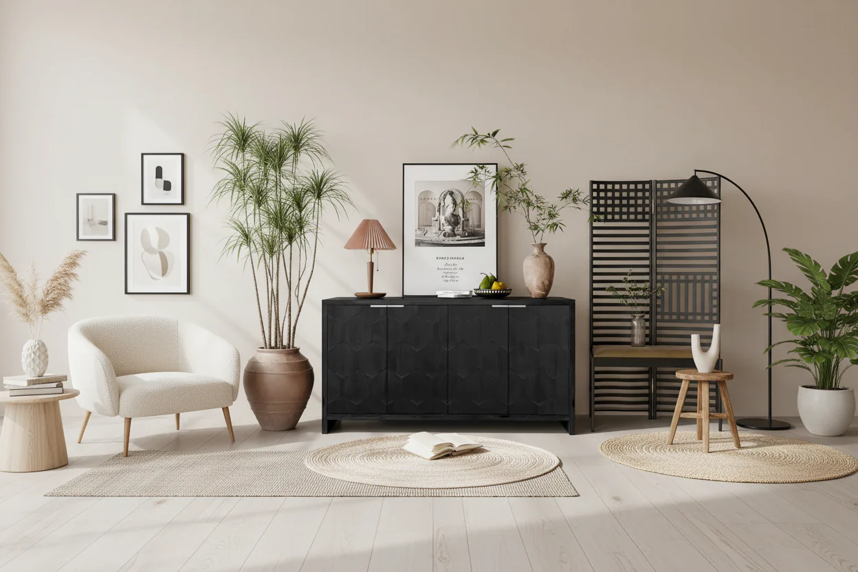 Antique Black 4-Door Farmhouse Accent Cabinet