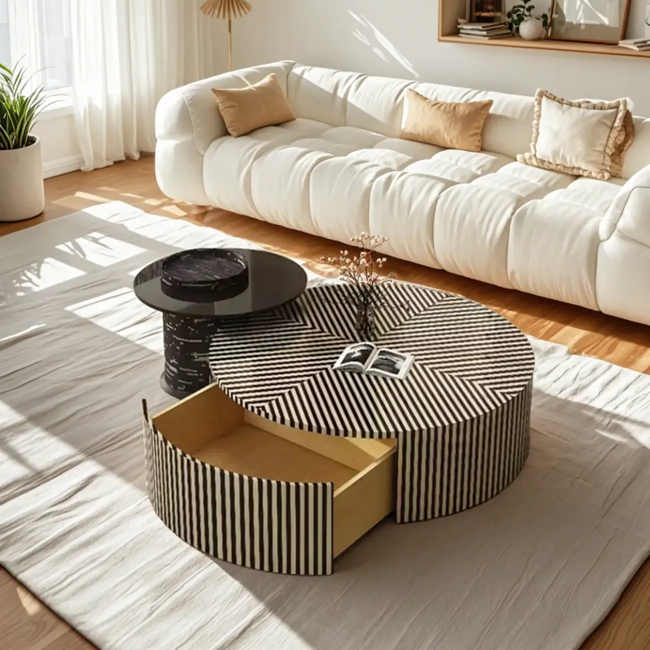 Black and White Stripe Wooden Round Coffee Drawer Table