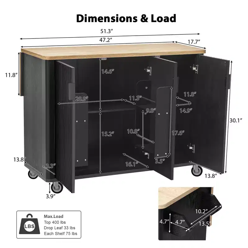 Rolling Solid Wood Kitchen Island with Rubberwood Top, 3 Drawers, 2 Cabinets, Adjustable Shelves, Spice Rack & Locking Wheels  Painted Finish