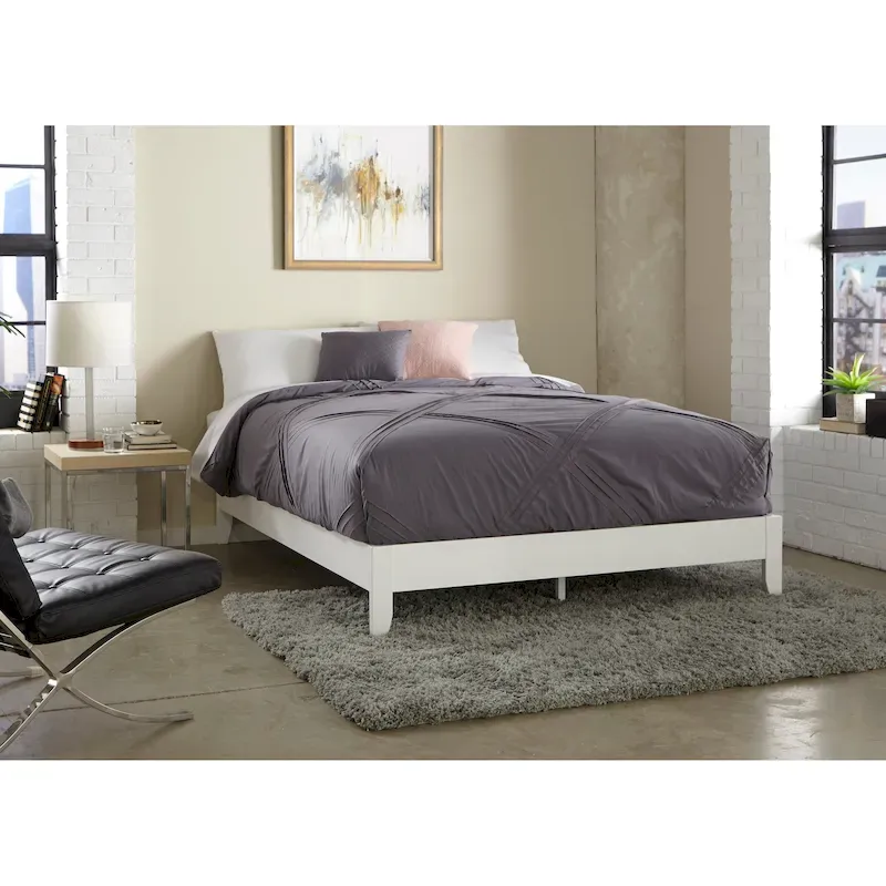 Solid Pine Full-Size Platform Bed – White / Rustic Natural, No Headboard, 12 Slats
