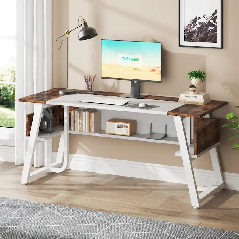 63 Inches Computer Desk with Bottom Shelves, Large Executive Desk