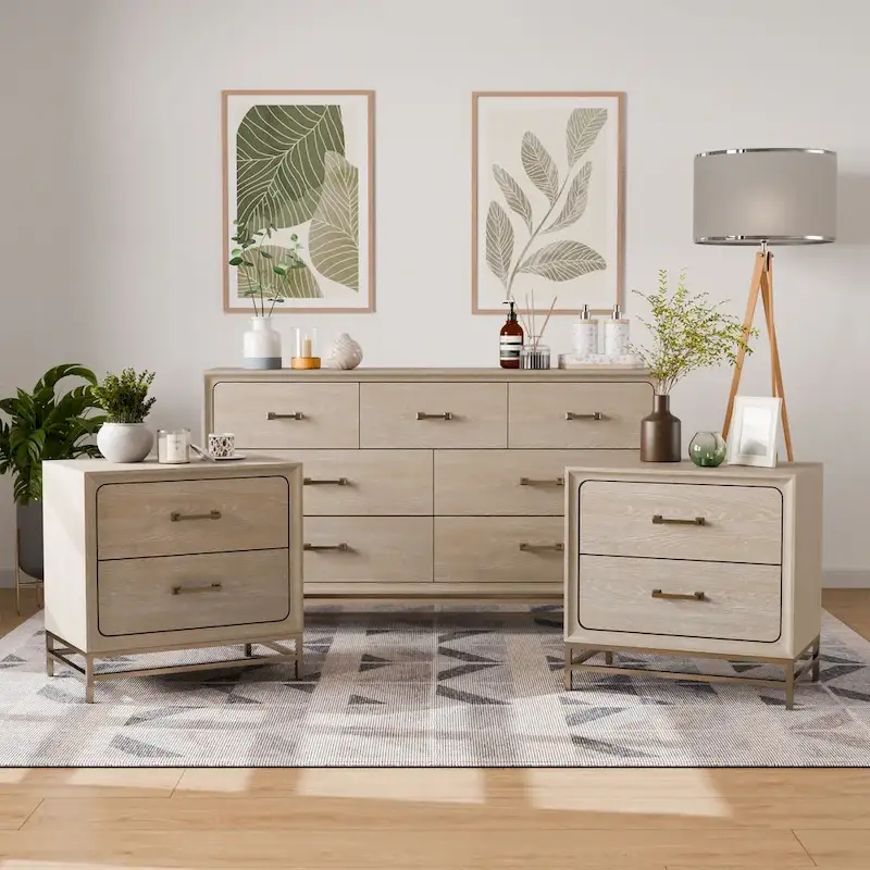 Drayden Transitional Oak Solid Wood 3-Piece Dresser and 2 Nightstand Bedroom Set