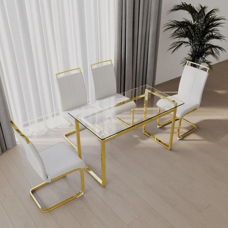 Modern Style 5-Piece Dining Set with Rectangular Tempered Glass Table and High Back Golden Plating Legs Dining Armless Chairs