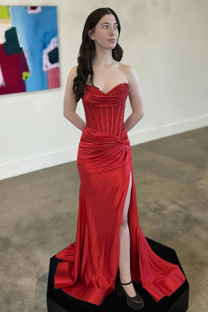 Red Sweetheart Mermaid Satin Beaded Prom Dressed With Slit