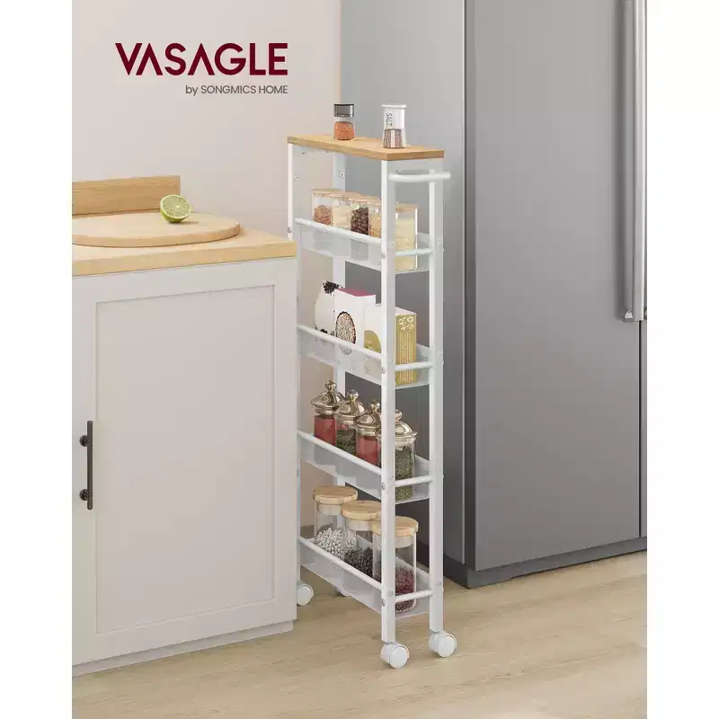 VASAGLE Slim Rolling Cart, 5-Tier Storage Cart, Narrow Cart with Handle, 5.1 Inches Deep, Metal Frame