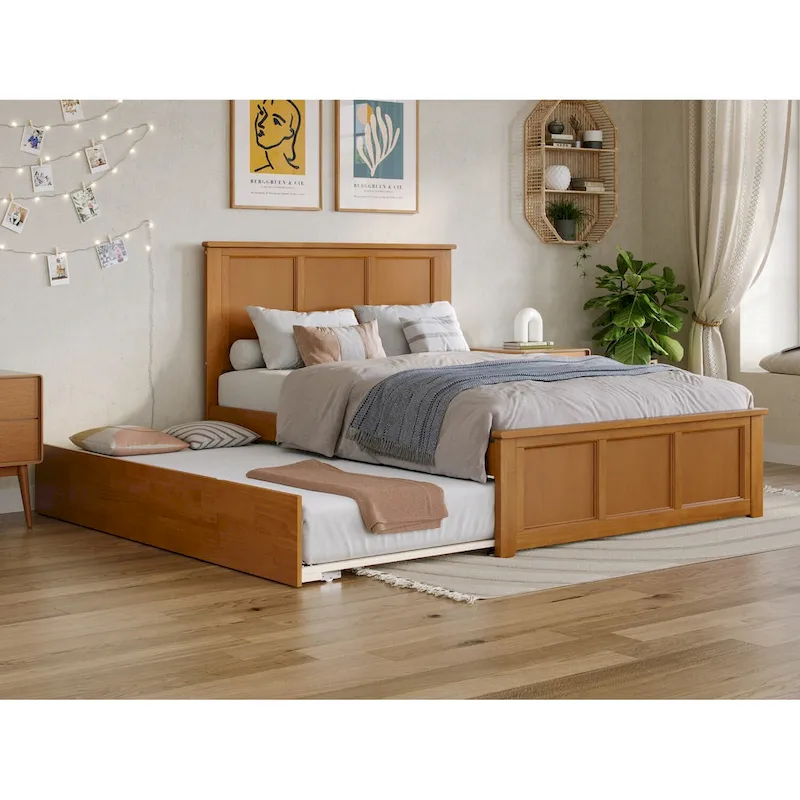 Espresso / White / Grey / Walnut / Caramel Full Platform Bed with Footboard & Full Trundle – Single/Couple