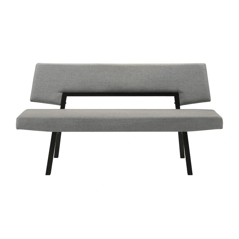 Yumi 63 Inch Dining Bench, Seat and Back with Charcoal Gray Fabric, Black