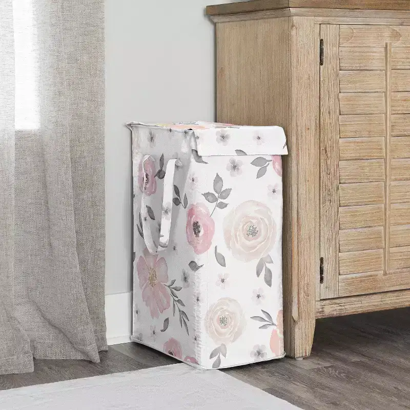 Sweet Jojo Designs Girl Foldable Laundry Hamper with Handles Watercolor Floral Pink and Grey