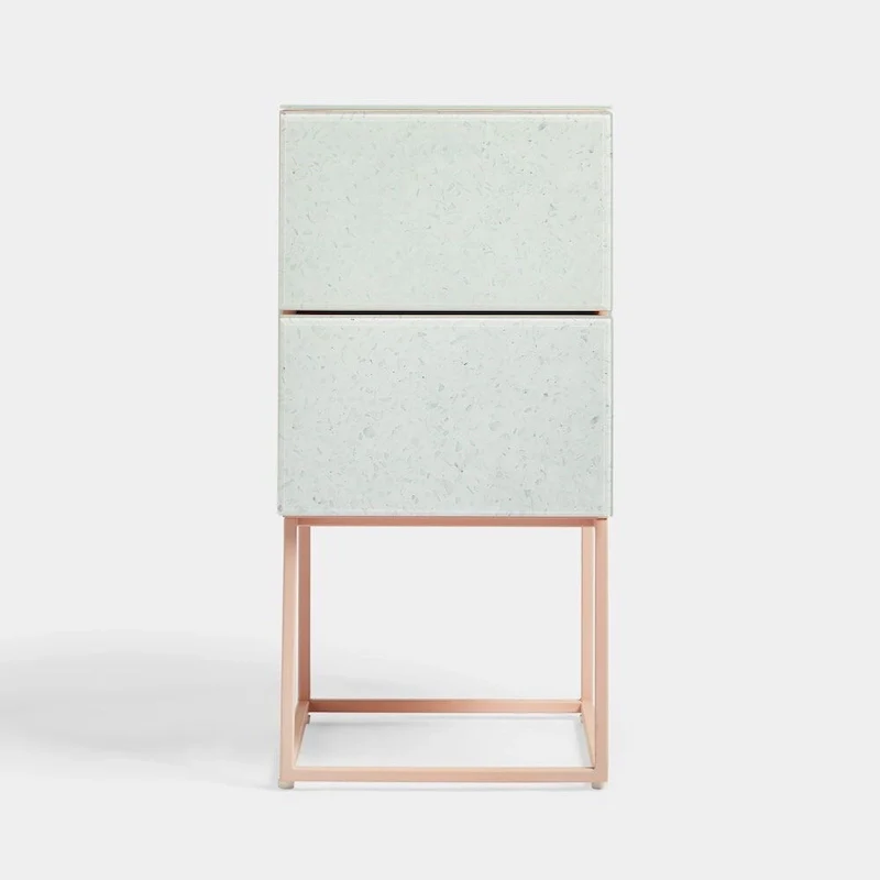 Marble Pattern Double Drawer Nightstand with Tempered Glass Top