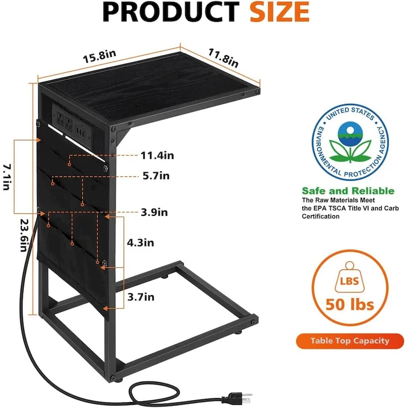 C Shaped End Table with Charging Station, Set of 2