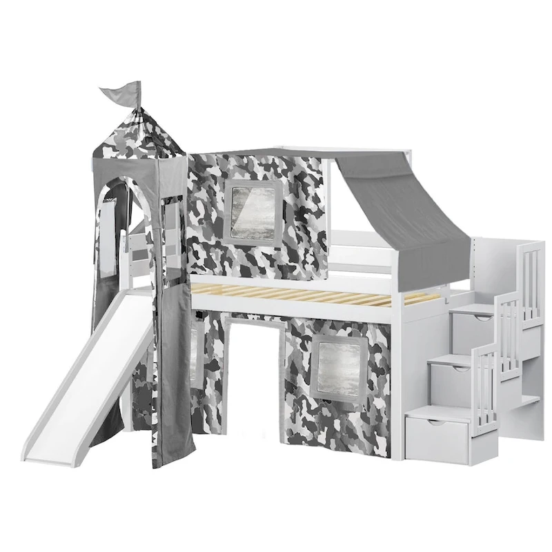 JACKPOT Prince & Princess Low Loft Twin Bed, Stairs Slide Tent & Tower