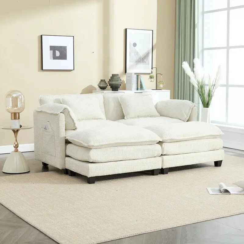 76.77 Chenille Upholstered Sofa with 2 Ottomans