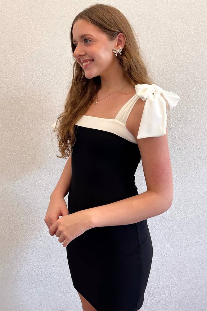Tie Shoulder Black and White Mini Dress