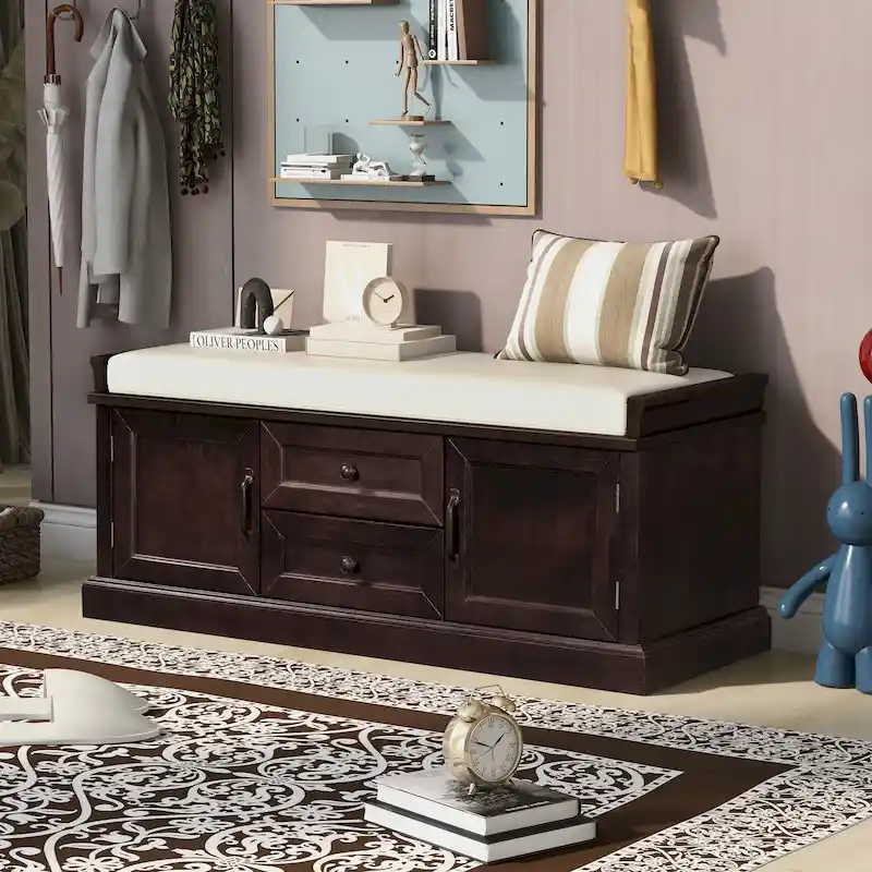 Espresso/Grey/Navy/Black/White Storage Bench with 2 Drawers & 2 Cabinets