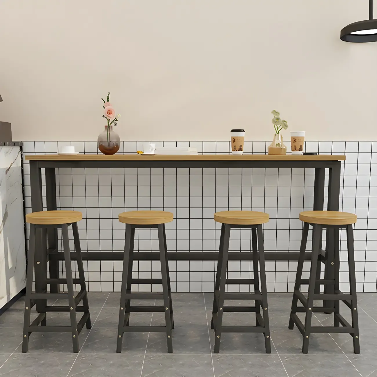 Rectangular Natural Wood Metal Trestle Bar Tables