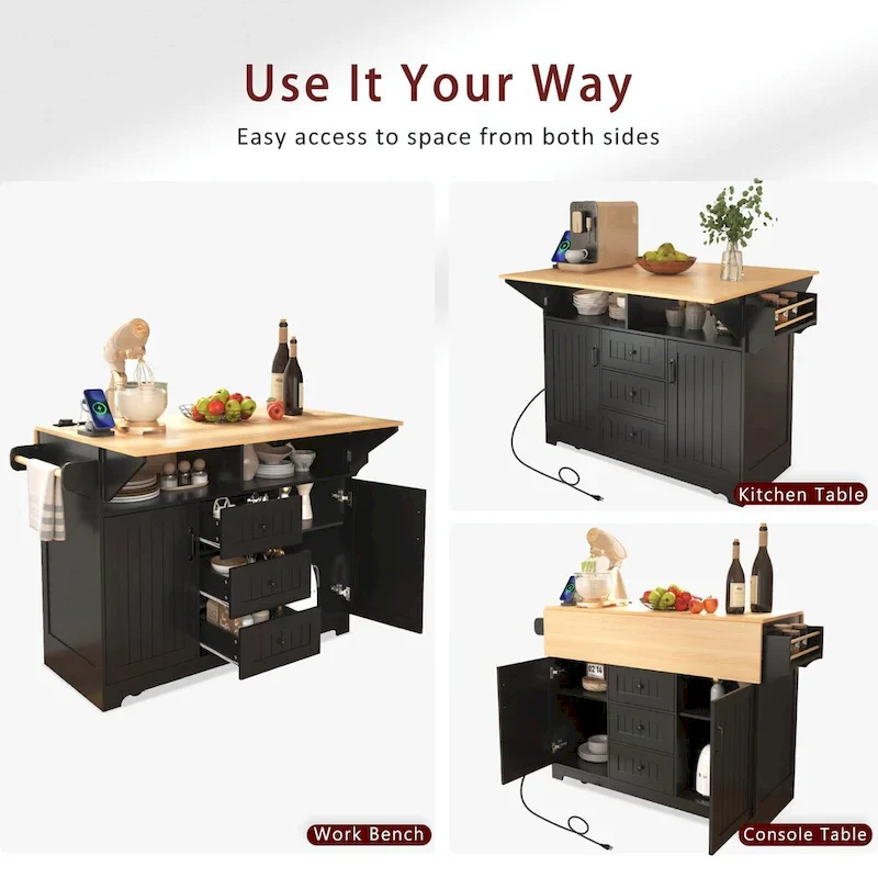 55.7 Kitchen Island with Drop Leaves, Rolling Cart with Power Outlet, Spice Rack, and 3 Drawers