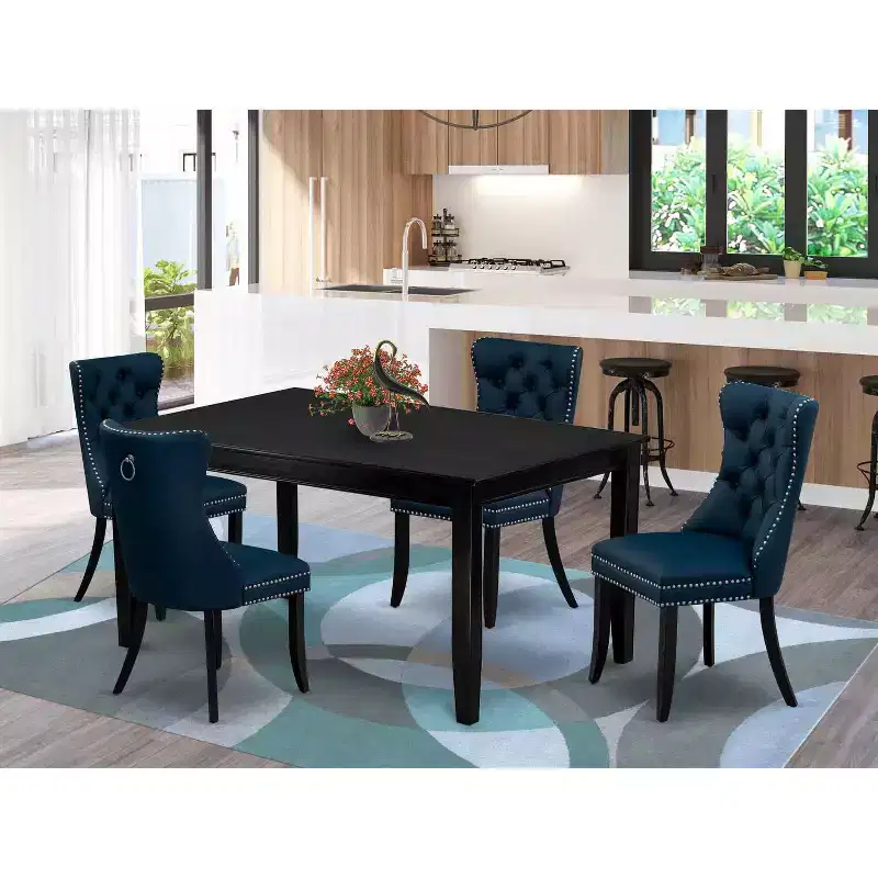 5-Piece Black Finish Solid Wood Top-Rectangular Upholstered Dining Room Set-Seats 4
