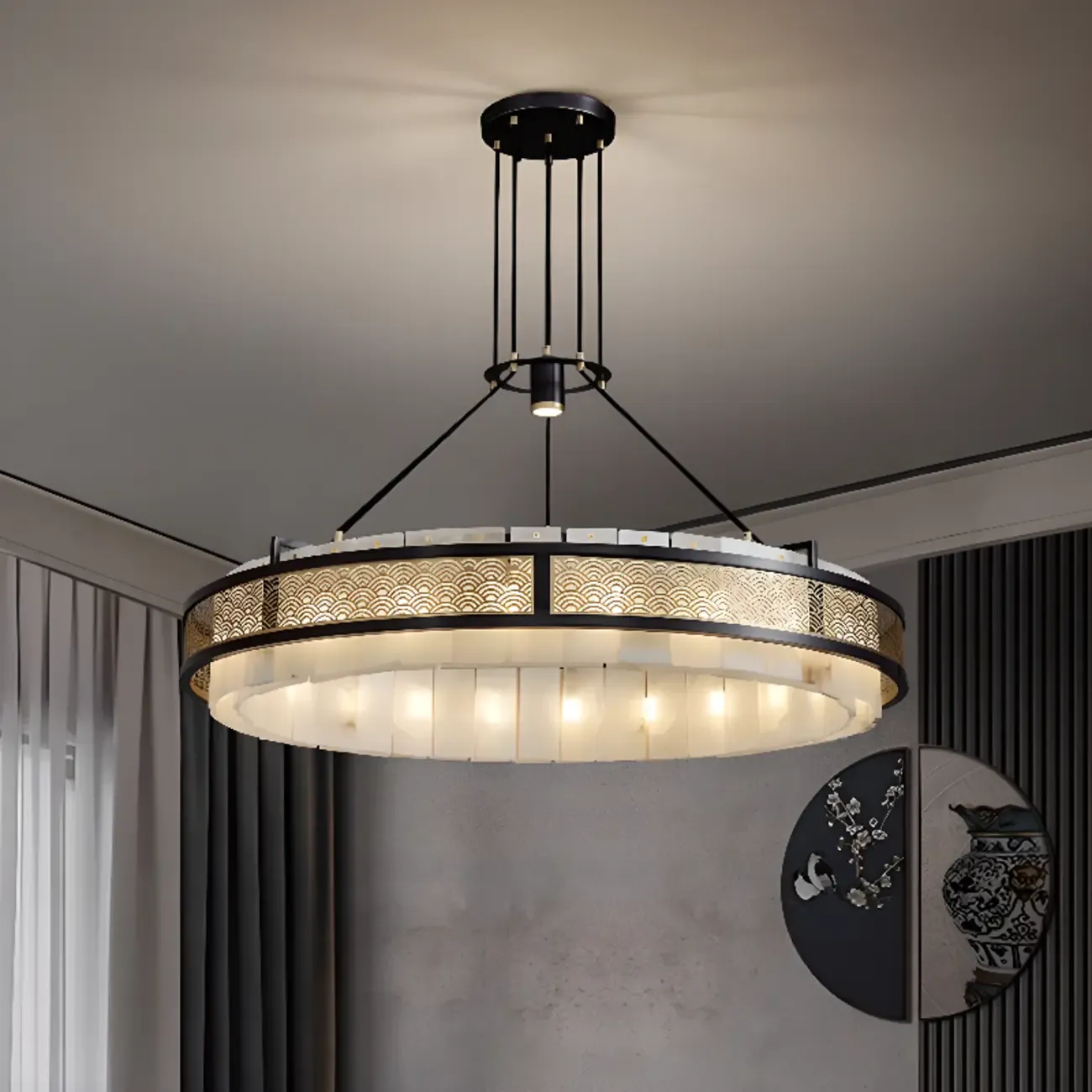 Black Metal Circle Stone Shade Modern Pendant Chandelier
