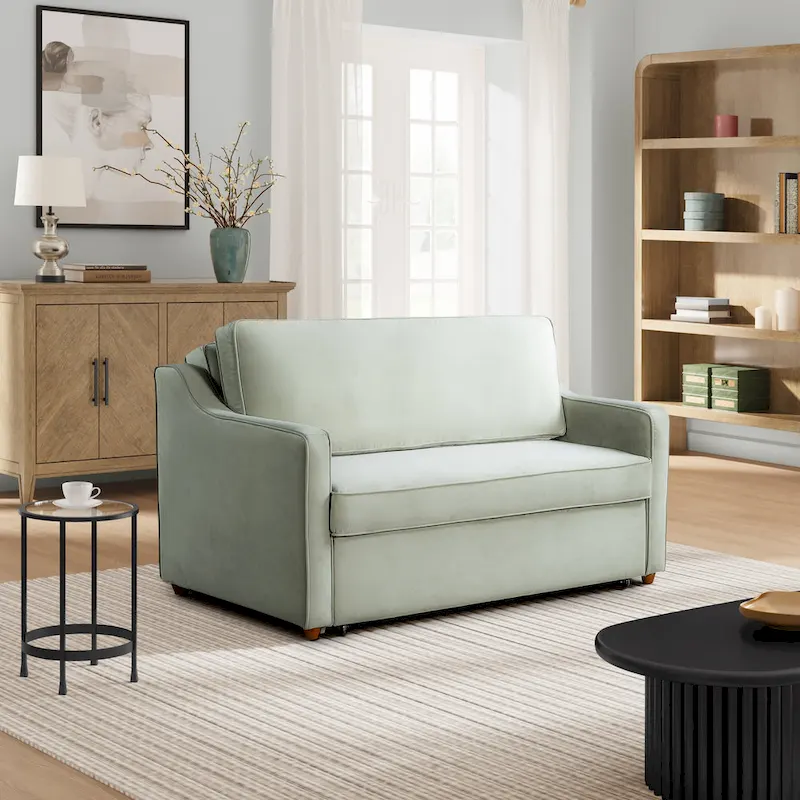 Convertible Loveseat Sofa with Pull-Out Bed & Chaise Mode – Mauve / Sage – 2-Seater / Sleeper