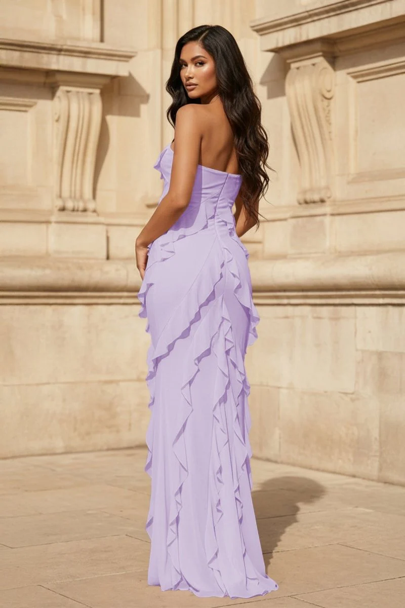 Pink - Sheath Strapless Chiffon Long Prom Dresses With Ruffles