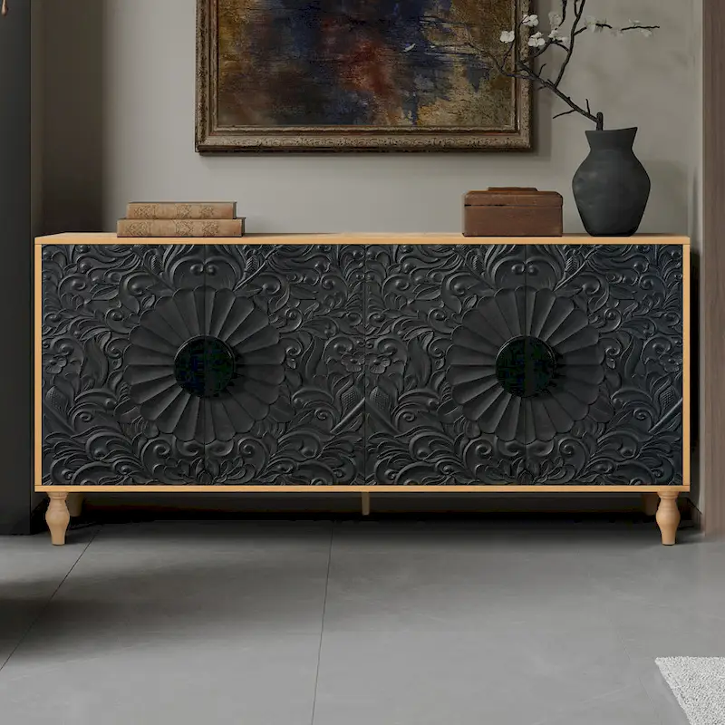 Black+Natural 62.99 Accent TV Stand with Carved Doors, Shelf, and Solid Wood Legs