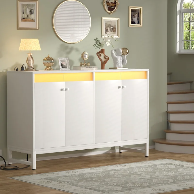 4 Doors Accent Cabinet with Power Outlet, Buffet Cabinet Storage Bar Cabinet with LED Light