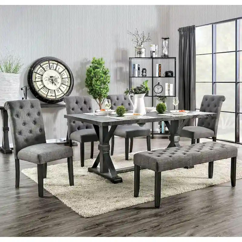 Chalwa Rustic Wood Upholstered 6-Piece Dining Set with Table and 4 Chairs and 1 Bench by Copper Grove