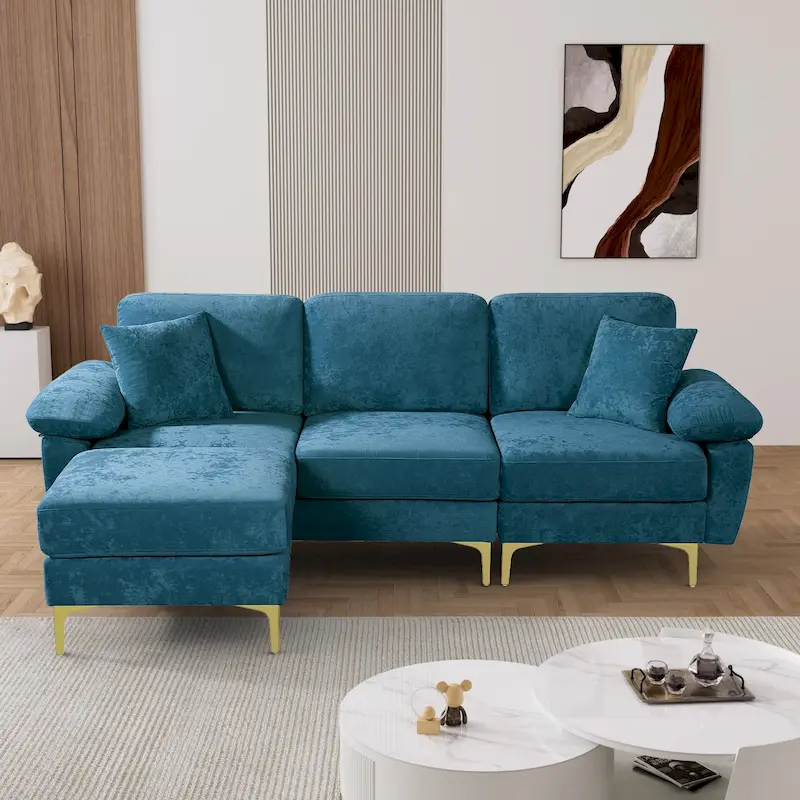Upholstered Velvet Sectional Sofa with Pillows & Ottoman