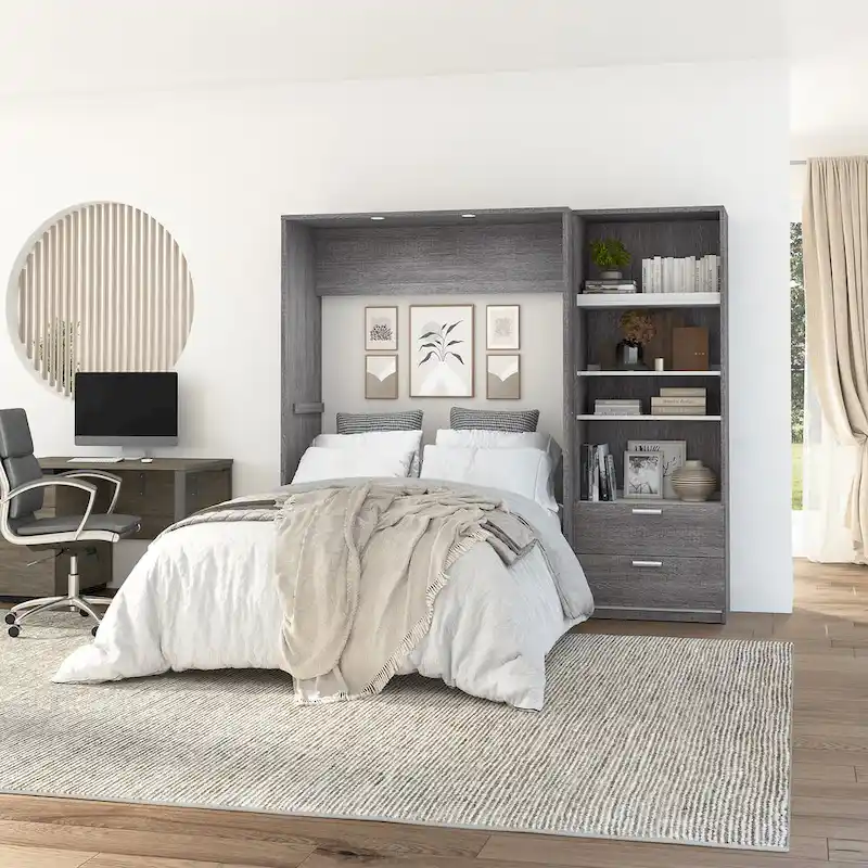 Oak Barrel / Bark Grey / Rustic Brown & White Full Murphy Bed with Closet Organizer & LED Lights – 89