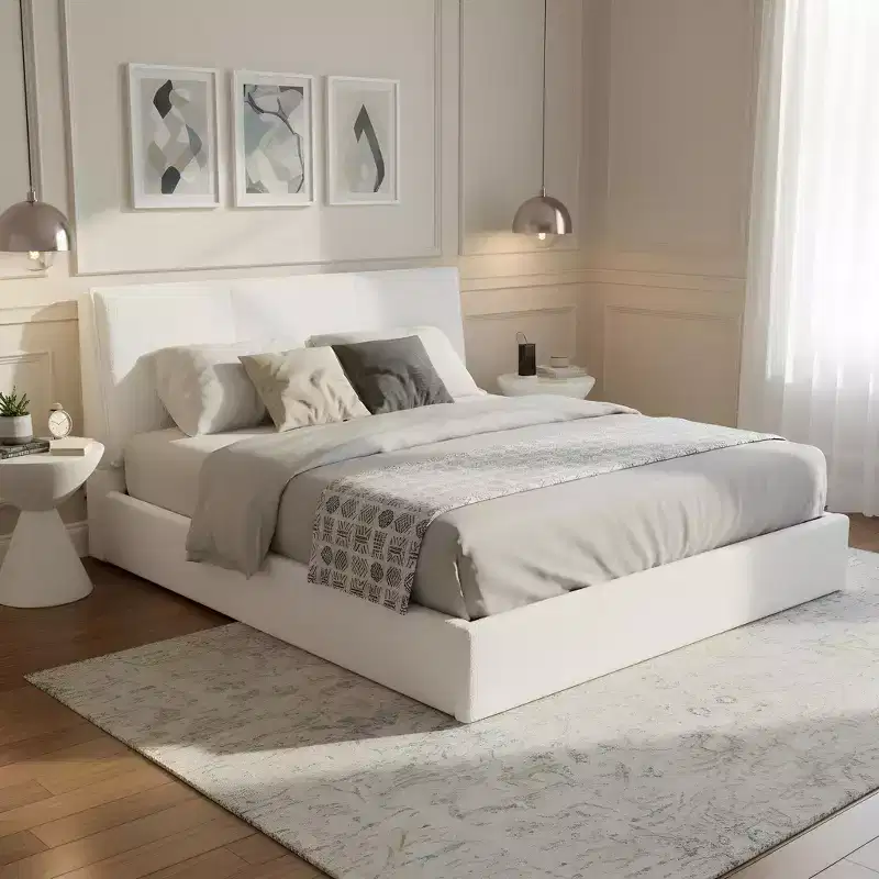 Queen/King Size Upholstered Platform Bed Frame Elegant Minimalist Bed with Ergonomic Padded Headboard, White - ModernLuxe