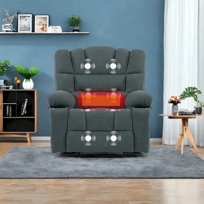 Grey Chenille Manual Recliner Chair with Massage & Lumbar Heating, Single Seat