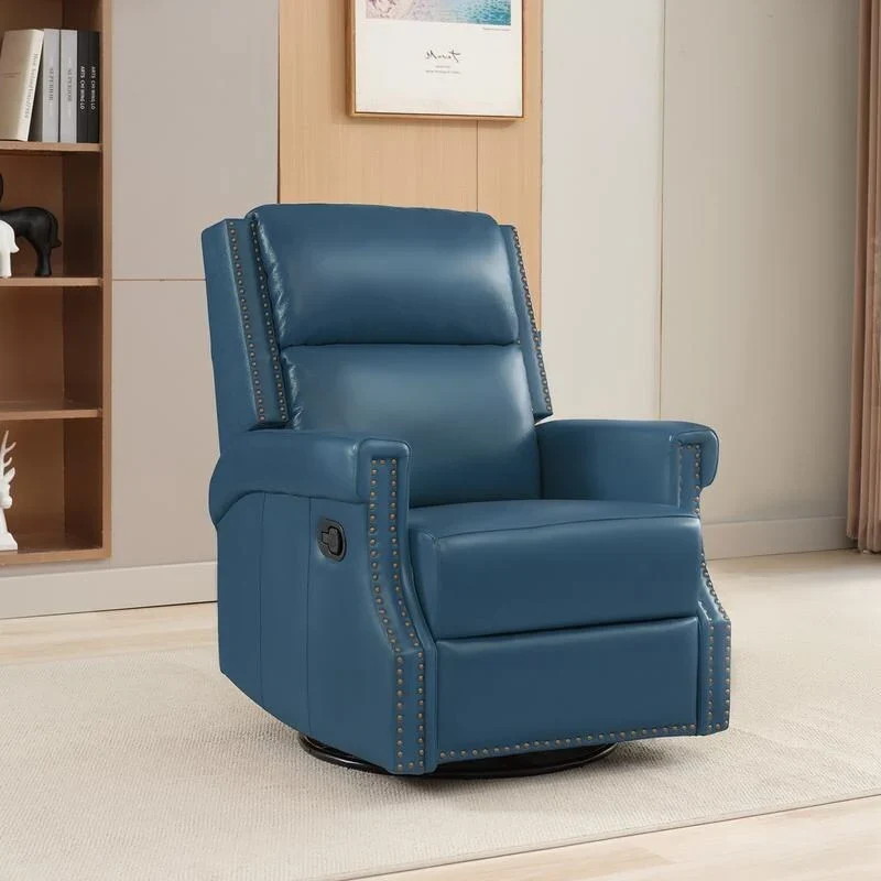 Genuine Leather Manual Rocking Recliner with 360-degree Metal Swivel Base