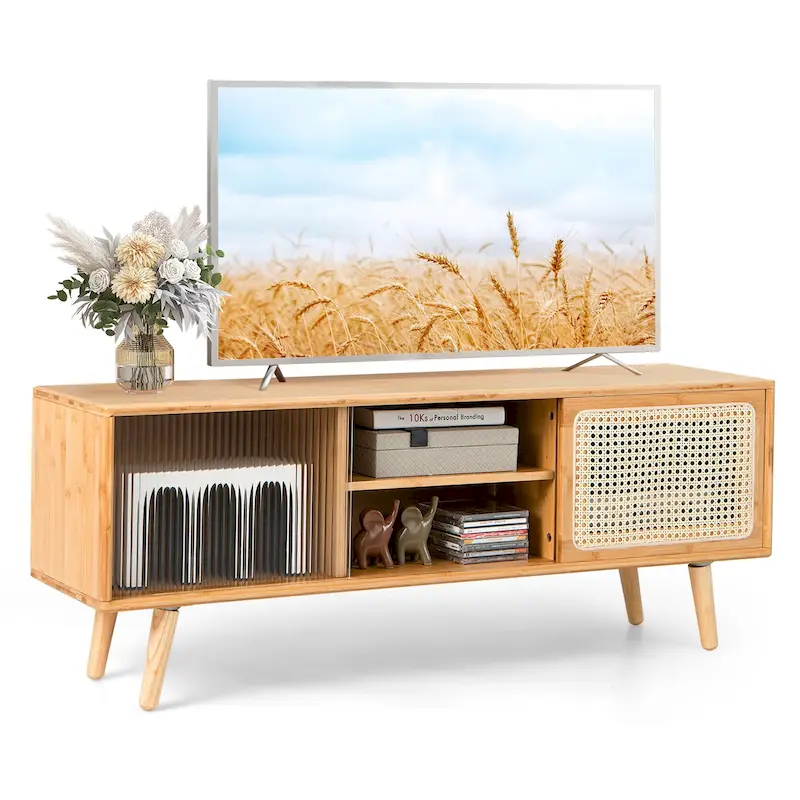 Mid-Century TV Stand with Rattan Sliding Doors, Brown/Natural, 47.5