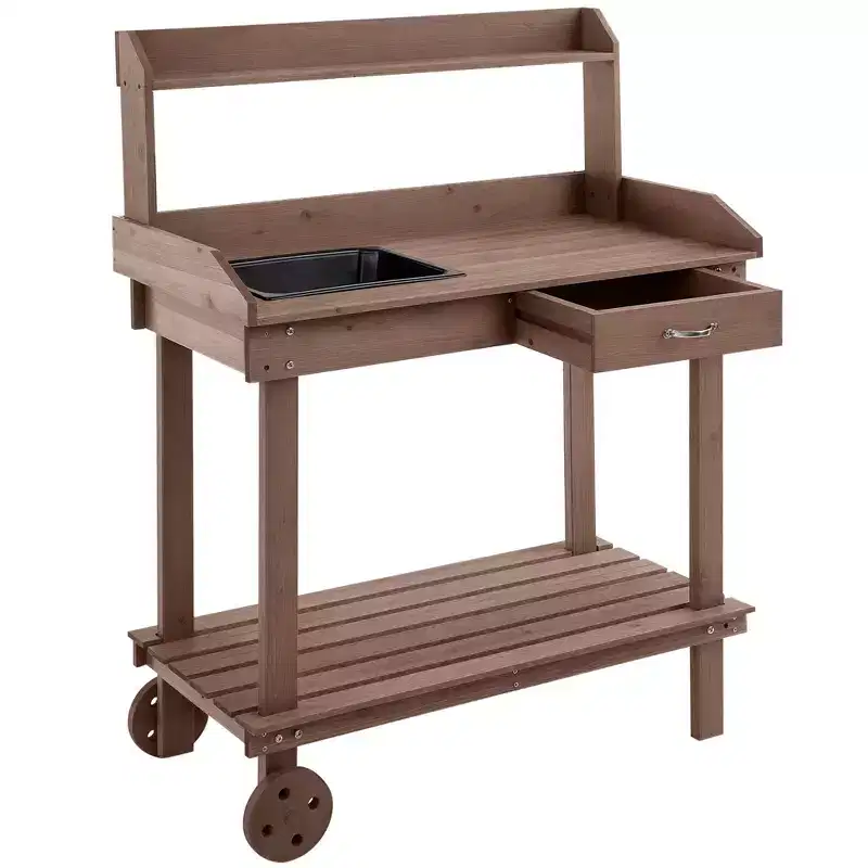 36 Wooden Potting Bench Work Table with 2 Removable Wheels, Garden Workstation with Removable Sink, Drawer & Large Storage Spaces, Brown