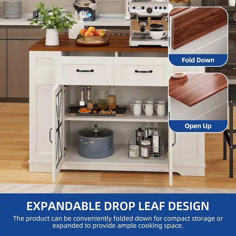 Moasis 47 Kitchen Island With Drop Leaf & 2 Bar Stools