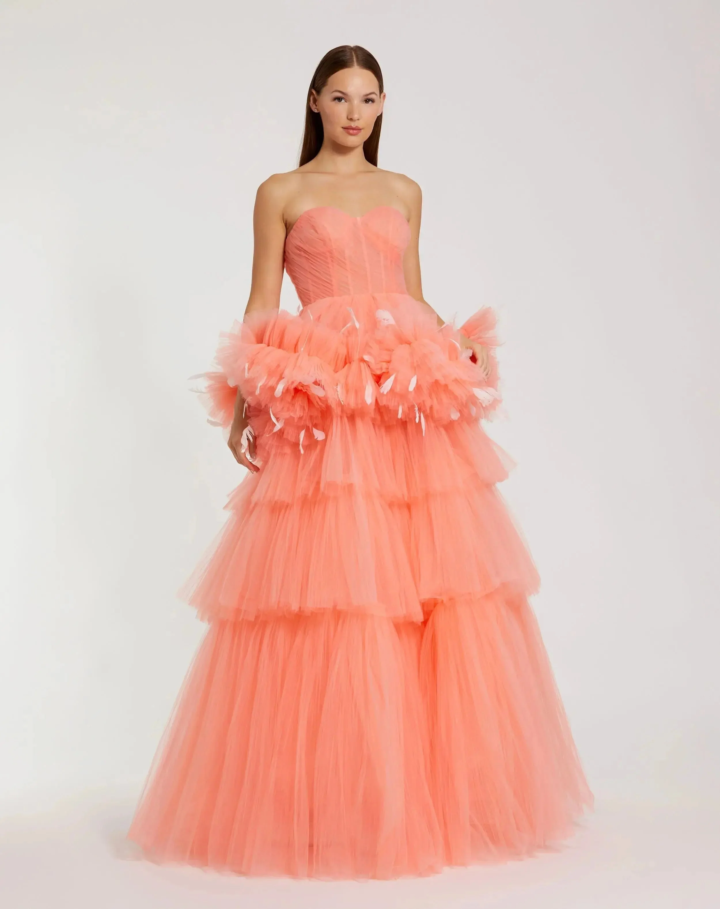 Orange Strapless Tulle Gown with Feather Detail - FINAL SALE