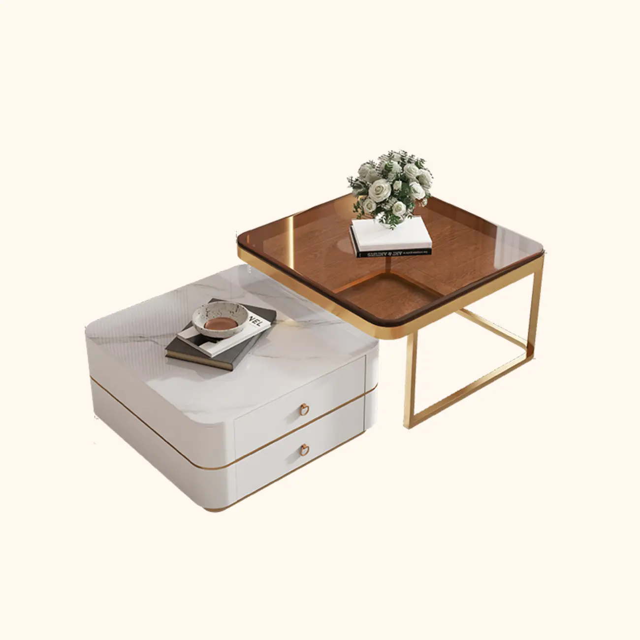 Modern Rectangular Marble Coffee Table Set with Drawers