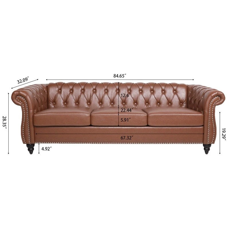 GEITIN 84.65 PU Rolled Arm Chesterfield 3 Seater Sofa